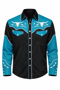 Camisa Vaquera Unisex de Manga Larga con Bordado Estilo Rodeo, Cierre de Botones, Vintage, Casual, Corte Ajustado, Ribete en Contraste, Personalizable OEM - Product Image 1