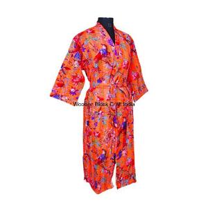100% Cotton <b>Long</b> Vintage Organic Kantha Quilted <b>Kimono</b> <b>Robe</b> Handmade Indian Festival Spring Eco-Friendly Sleepwear - Product Image 5
