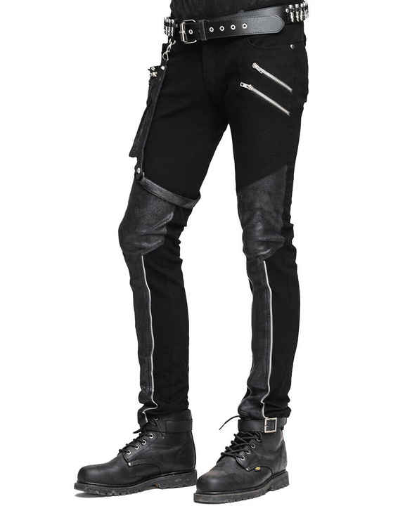 Men's Black Skinny Jeans with Leather Patches High Waist Fashion Stretch Denim Cargo Pants Plus Size Light Wash Waterproof