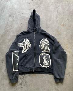 Sweat-shirt à capuche vintage découpé et cousu avec impression graphique, délavé à l'acide, avec patchs lourds personnalisés pour hommes - Product Image 2