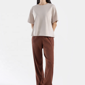 Camiseta de algodón de gran tamaño de alta calidad para mujer, ropa de calle con hombros caídos, estilo sólido, transpirable, estampado de logotipo personalizado - Product Image 5