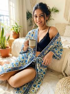 Robe kimono bohème grande taille à imprimé floral bleu, longue et légère, idéale pour le spa, cadeau - Product Image 4