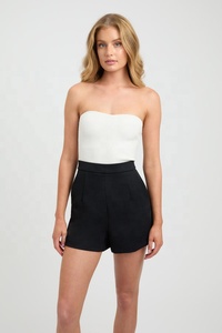 Women Mid Waist Organic Cotton Shorts Pockets Solid Black Casual Style Regular Fit <b>Elastic</b> Waist Woven Fabric Eco-Friendly - Product Image 3