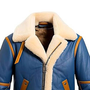 Custom <b>Men's</b> Blue <b>Shearling</b> Leather <b>Jacket</b> Warm Fur Lined Aviator Bomber Winter Coat Zip Up Motorcycle Outerwear - Product Image 3