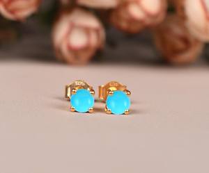 Pendientes de Turquesa de 4 mm, Plata de Ley 925, Chapados en Oro de 14K, Joyería con Piedra de Nacimiento, Pendientes Delicados con Piedras Preciosas - Product Image 6