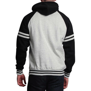 Sudadera con capucha de lana de algodón 100% de peso pesado para hombre, sudadera gris jaspeado/real con mangas a rayas en contraste, bolsillo para invierno - Product Image 5