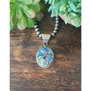 Reda Galvan <b>Abalone</b> Opal Turquoise Pendant with Bezel Setting Rose Gold and Sterling Silver Rhodium Plated Jewelry - Product Image 1