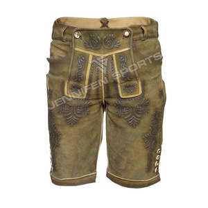 เยอรมันแบบดั้งเดิมผู้ชาย Lederhosen สั้นหนัง Cowhide ของแท้หนังด้านหน้าเย็บปักถักร้อยด้านข้างและกระเป๋าด้านหลังพร้อมห่วงเข็มขัด - Product Image 1