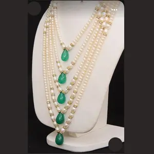 天然淡水珍珠珠子项链与翡翠绿柱石梨项链长度26英寸5层宝石项链饰品