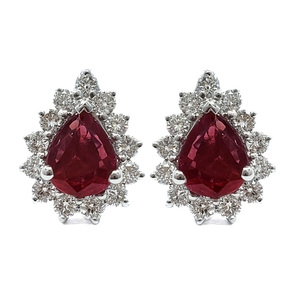 Boucles d'oreilles clous en rubis taille poire pour femme, or blanc 18 carats, diamants naturels, cadeau classique pour fiançailles et anniversaire, fête, mariage - Product Image 1