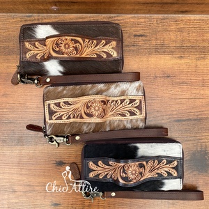 กระเป๋าสตางค์ผู้หญิงแบบถือหนังดีไซน์ใหม่กระเป๋าถือ2025สายคล้องข้อมือดีไซน์ลายดอกไม้สไตล์หนังวัวกระเป๋าสตางค์ยาวสำหรับผู้หญิง - Product Image 1