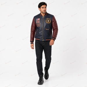 Veste universitaire en cuir PU pour homme avec patchs brodés, fermeture éclair, col rabattu, style décontracté d'automne - Product Image 2