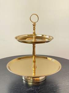 Exhibidor de Postres de Dos Niveles de Metal de Lujo Premium con Asa de Anillo, Acabado Dorado y Plateado, para Decoración de Mesa de Bodas y Fiestas - Product Image 2