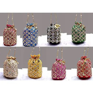 Women's Embroidered <b>Clutch</b> Purse Box Pattern Gota Patti Work Potli Bag Evening Bag with Drawstring Mirror for <b>Weddings</b> Gifts - Product Image 6