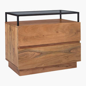 Table de chevet moderne Kenzie en teck massif et aluminium avec plateau en verre et finition marron - Product Image 2