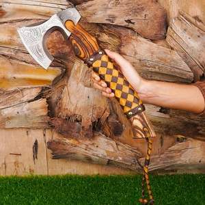 SCL- Hand Forged Mini Viking 14 Inches ASH Wood Handle Axe For Hatched With Multi-Shade Leather Warp on it New Etching Axe Head - Product Image 2