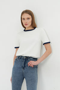 Chemisier d'été en tricot à manches courtes et col rond pour femmes, confortable et élégant, respirant, rayé, haute qualité, service OEM - Product Image 2