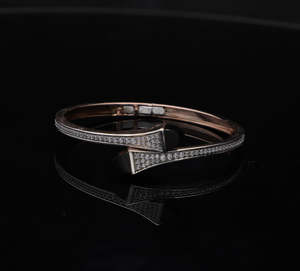 14K <b>Rose</b> <b>Gold</b> Natural Diamond <b>Bangle</b> Bracelet with Overlapping Geometric Tips in Micro-Pave Setting Modern Luxury Jewelry - Product Image 5