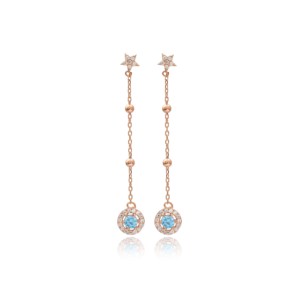 Aquamarine CZ Stone Round Star Design Long <b>Earrings</b> Wholesale Turkish Handcrafted 925 <b>Silver</b> Sterling Fine Jewelry - Product Image 1