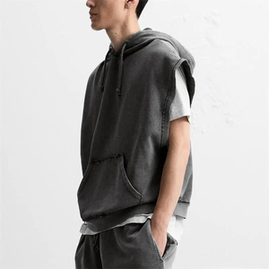 Custom Logo Men <b>Hoodies</b> Without Sleeve Vintage Acid Wash Black Cut Edges Hoodie Streetwear Distressed <b>Sleeveless</b> <b>Hoodies</b> wear - Product Image 2