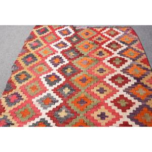 Alfombra de lana turca vintage de 35x94 pies, Alfombra de sala de estar de tejido plano de retazos rojos con respaldo de látex para decoraciones - Product Image 3