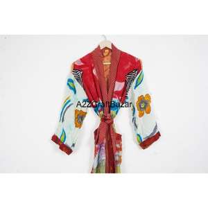 ชุดคลุมกิโมโนผ้าไหมสไตล์วินเทจโบฮีเมียนสำหรับผู้หญิง คอวี ยาวเต็มตัว ตกแต่งผ้าแบบแพทช์เวิร์ค ปิดด้วยเชือกผูก แขนสามส่วน ระบายอากาศได้ดี - Product Image 2