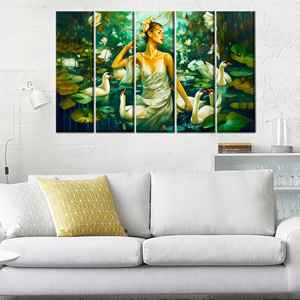 Toile imprimée : Affiche d'art moderne « Femme nageant avec des cygnes », 5P : Prête à accrocher - Product Image 1