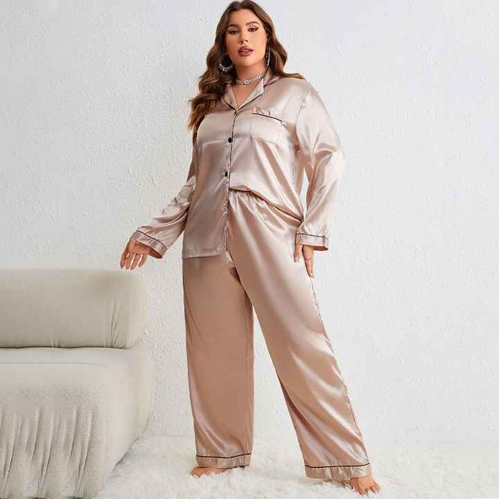 Women's Plus Size 2pcs Sleepwear Sets Long Sleeve Satin Pajamas Buttons Solid Full-Length Pants Simple Nightwear Lounge Outfits