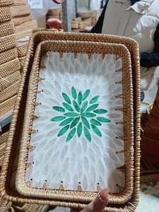 Hot Deal Plateaux de service en rotin avec café carré Mosaïque de thé Service floral - Product Image 4