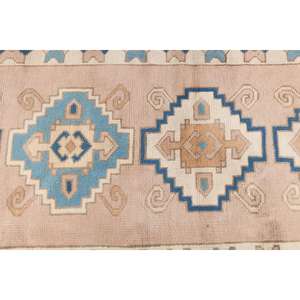 Alfombra Vintage de 2.8x12.5 pies, Alfombra Turca Azul a Rayas de Lana - Product Image 5