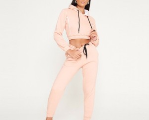 Women's Custom 2-Piece Set Solid Color Crop Top Hoodie <b>with</b> Zip-up Drawstring and Long Sleeve Printing Logo Sweatshirts - Product Image 3