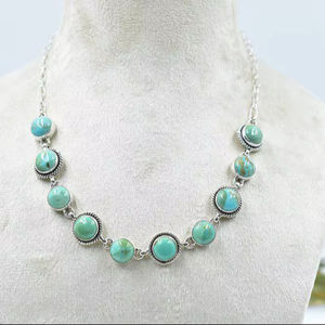 Handmade Mojave turquoise sterling silver cluster <b>necklace</b> with adjustable 16 inch chain <b>boho</b> gemstone jewelry for women - Product Image 1