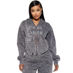 Survêtement décontracté pour femmes à la mode, lavé à l'acide, avec fermeture éclair, uni, 100% coton, personnalisable, de haute qualité, vente en gros - Product Image 2