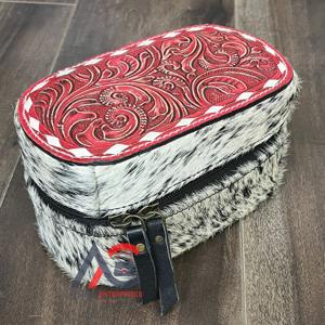 Western Hand Tooled Cowhide Leather Mini Jewelry <b>Case</b> Zipper Portable Organizer Box Travel Storage Wholesale Handcrafted Box - Product Image 1
