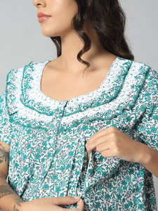 Camisón de encaje 100% algodón para mujer, de manga media, largo completo, transpirable, con estampado floral, elegante, informal, suave, para verano y otoño - Product Image 5