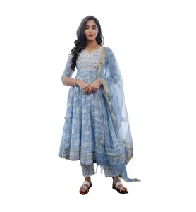 Novo Designer Partido Desgaste Luz Azul Floral Mão Bloco Impresso Anarkali Com Organza Dupatta e Calça Conjunto Atacado Desgaste Étnico