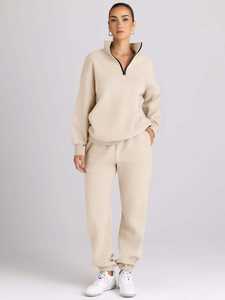 Women Oversized Winter Solid Two-Piece Tracksuits Crew Neck <b>Hoodies</b> and Sweatpants Breathable 2pcs Made in Pakistan - Product Image 2