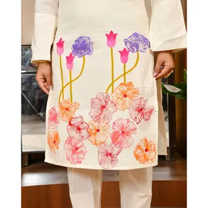 Ensemble Kurta pour femmes musulmanes en coton peint à la main, manches longues, simple, décontracté, respirant, écologique, printemps/été, tailles S-5XL - Product Image 6