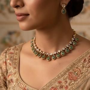 Collier Polki émeraude en argent 925 plaqué or |   Bijoux de mariée |   Collier de mariage indien |   Bijoux festifs et luxueux - Product Image 2