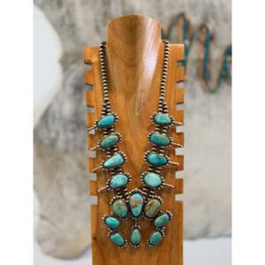 Kathleen Yazzie Squash Blossom Necklace Mixed Turquoise & Sterling Silver Floral Pattern for Gift - Product Image 3