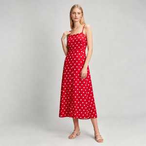 Abito Estivo Casual da Donna Personalizzato, Rosso a Pois, Collo Quadrato, Spalline Sottili, Lunghezza <span class=keywords><strong>Midi</strong></span>, Linea A, Vestito Quotidiano per Signore - Product Image 1