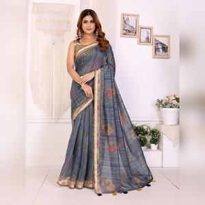 ผ้าชันเดรีพิมพ์ลายดอกไม้สีเทา ขายดีที่สุด เหมาะสำหรับงานปาร์ตี้ ชุดเจ้าสาวแฟนซีสำหรับผู้หญิงอินเดีย พร้อมเสื้อท่อนบนแบบยังไม่เย็บติด - Product Image 1