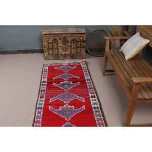 Vintage Turkish Rug, 2.6x9.2 ft <b>Runner</b> Rug, <b>Red</b> Herki Oriental Rug - Product Image 4