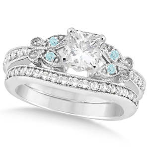 Ensemble de mariage papillon en or 14 carats avec diamants et aigue-marine, bagues en diamants de 1,21 carat - Product Image 4