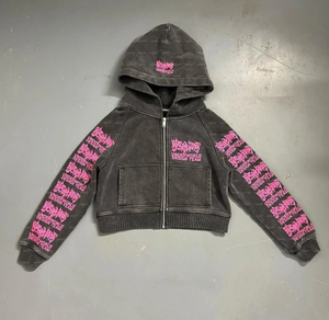 Veste courte pour femme en molleton épais de coton lourd, avec fermeture éclair personnalisée, imprimé, sans cordon, effet délavé vintage, style acid wash - Product Image 3