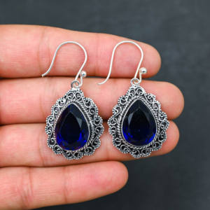 Boucles d'oreilles créoles en saphir bleu, argent 925, luxe - Product Image 2