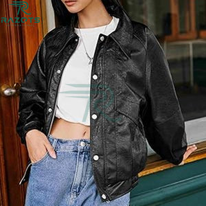 Manteau moto en cuir denim imperméable coupe slim tendance pour femme avec logo uni et rembourrage en coton - Product Image 4