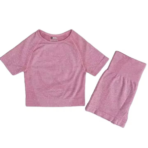 ชุด2ชิ้นสำหรับผู้หญิงชุดครอป2ชิ้นกางเกงเลกกิ้งเอวสูงแขนสั้นรัดรูปผ้าย้อมสีพื้นสำหรับใส่ไปยิมเล่นโยคะฤดูร้อน - Product Image 2