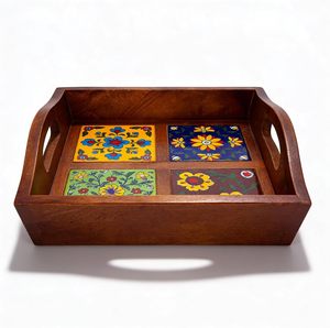 Bandeja de Madera para Servir con Asa y Azulejos de Cerámica, Vajilla Moderna y Portátil para Bebidas, Comida y Uso en la Sala de Estar - Product Image 1