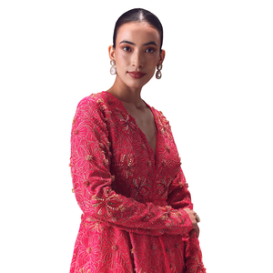 <b>Pink</b> Raw Silk Peplum With Double Circular Palazzo Pants Wholesale Women Ethnic OEM Clothing Factory Supplier Custom Outfit - Product Image 3